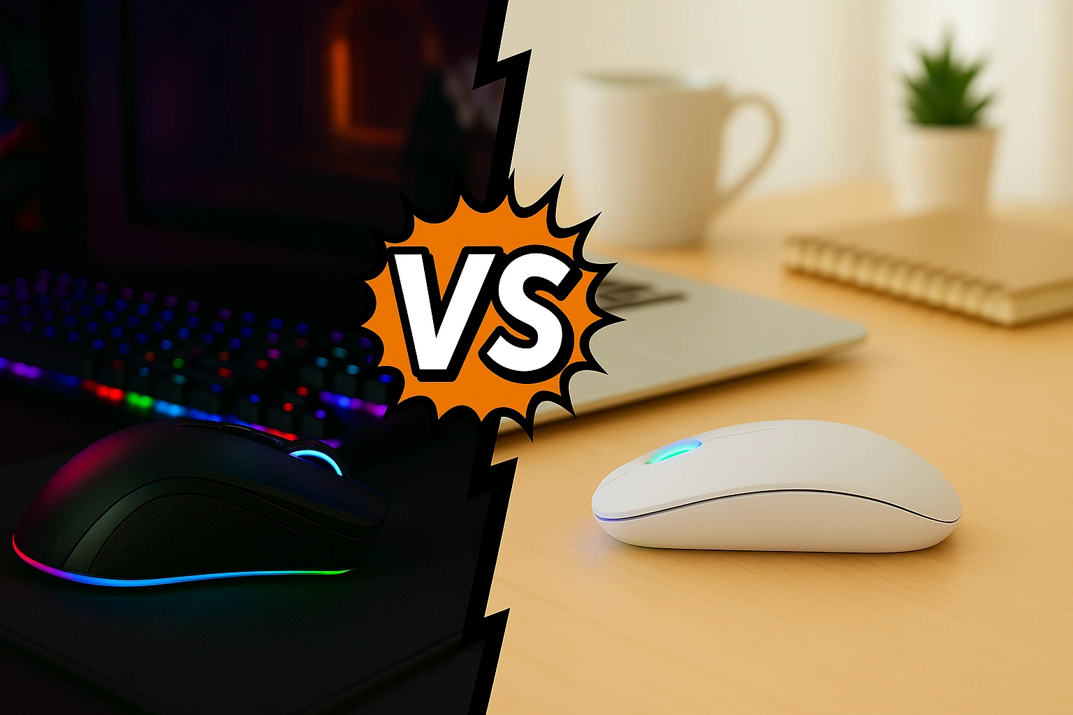 Split-screen image comparing a gaming mouse vs regular mouse. On the left, a black RGB gaming mouse with vibrant lighting sits on a dark desk beside a mechanical keyboard and gaming setup. On the right, a sleek white office mouse rests on a light wooden desk next to a laptop, notebook, and coffee mug. A bold ‘VS’ graphic divides the two sides, symbolizing the contrast between gaming and office mice