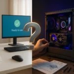 A split-screen hyper-realistic image comparing two PC setups: on the left, a sleek, minimalist pre-built PC on a tidy white desk with a glowing monitor displaying "Plug & Play," a coffee mug, and a warranty card; on the right, an open custom-built gaming rig on a cluttered workbench with RGB lighting, high-end components, tools, and a build manual—highlighting the contrast between convenience and customization.