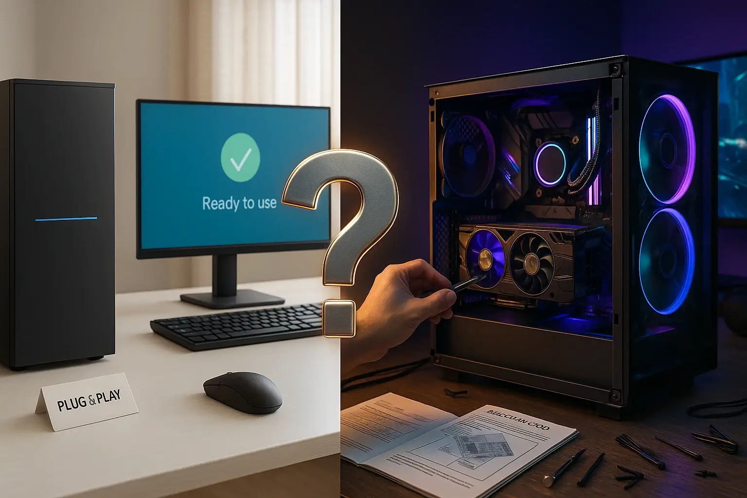 A split-screen hyper-realistic image comparing two PC setups: on the left, a sleek, minimalist pre-built PC on a tidy white desk with a glowing monitor displaying "Plug & Play," a coffee mug, and a warranty card; on the right, an open custom-built gaming rig on a cluttered workbench with RGB lighting, high-end components, tools, and a build manual—highlighting the contrast between convenience and customization.