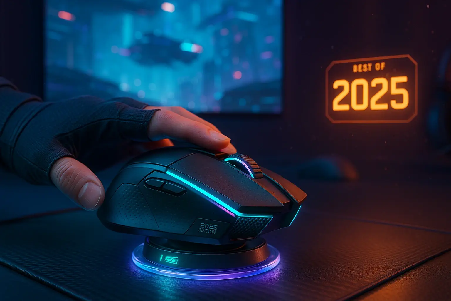 A sleek, black wireless computer mouse rests on a dark surface. The mouse features a glowing scroll wheel and a strip of colorful RGB lighting along its side. The background is blurred but suggests a gaming setup with a glowing keyboard.