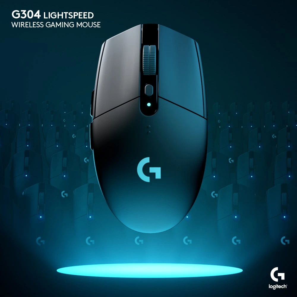 A sleek, dark gray Logitech G304 Lightspeed wireless gaming mouse is prominently displayed against a dark teal background with glowing blue accents. The mouse features a glowing white "G" logo and a subtle blue light indicating power. This is a strong contender for the title of best wireless gaming mouse in the budget category.