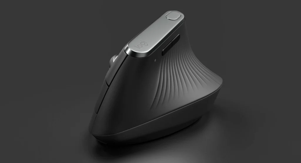 A dark gray Logitech MX Vertical wireless mouse is shown on a dark gray surface. Its unique vertical design is intended to improve ergonomics and reduce wrist strain. While not specifically designed for gaming, it offers a comfortable alternative to the best wireless gaming mouse for those prioritizing comfort.