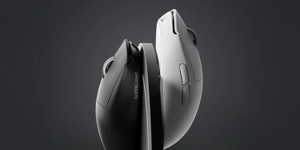 Two Logitech G Pro X Superlight 2 wireless gaming mice, one black and one white, are shown side-by-side against a dark gray background. The side of the black mouse reads "SUPERLIGHT".