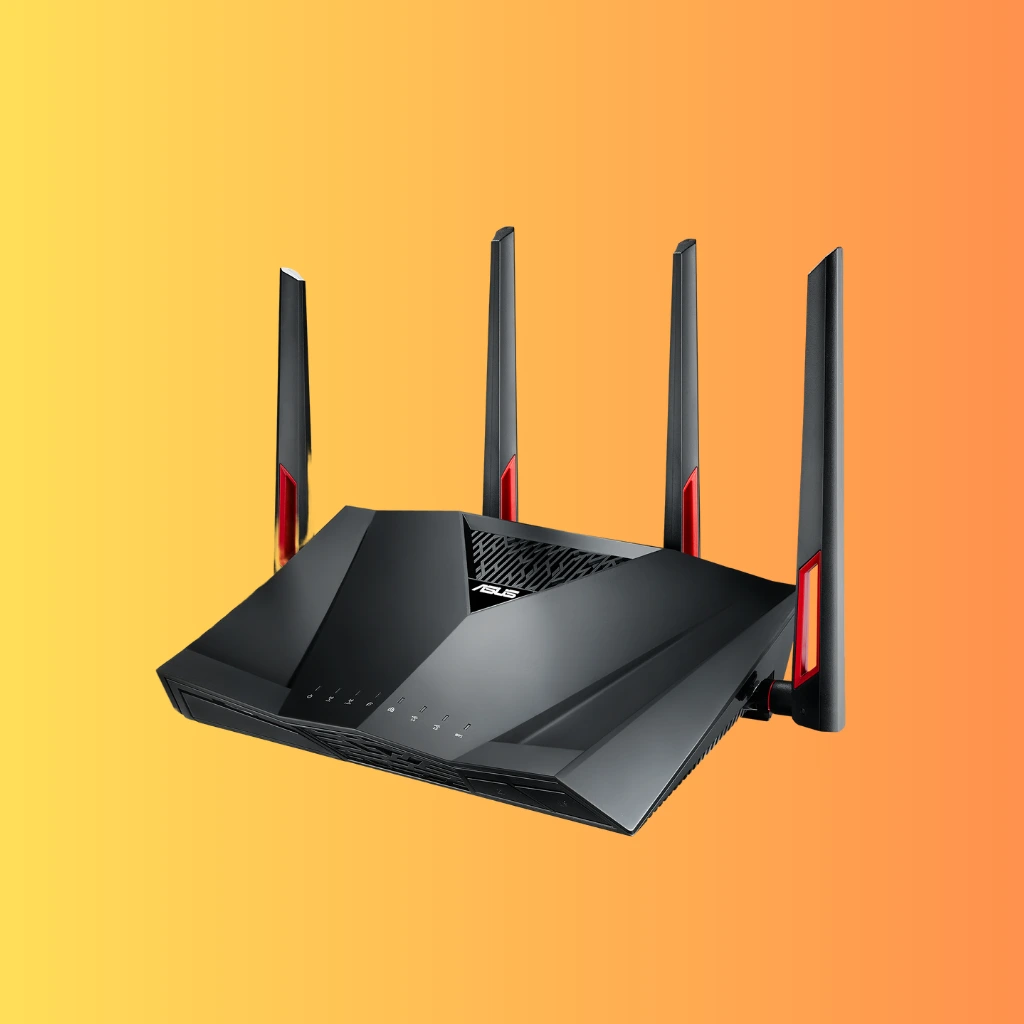 A black ASUS RT-AC88U router with red accents and four external antennas, set against an orange and yellow gradient background.
