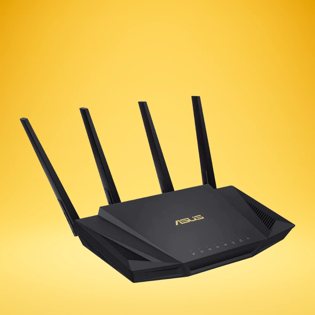 A black, angular ASUS RT-AX58U router with three external antennas, set against a yellow background.