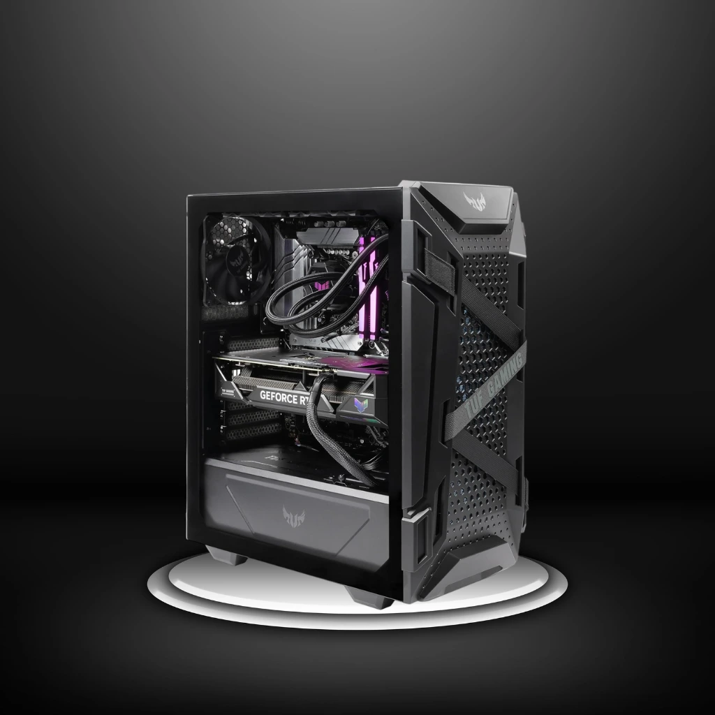 The sleek Arsenal pre-built gaming pc set on a circular pedestal, with a dark grey background.