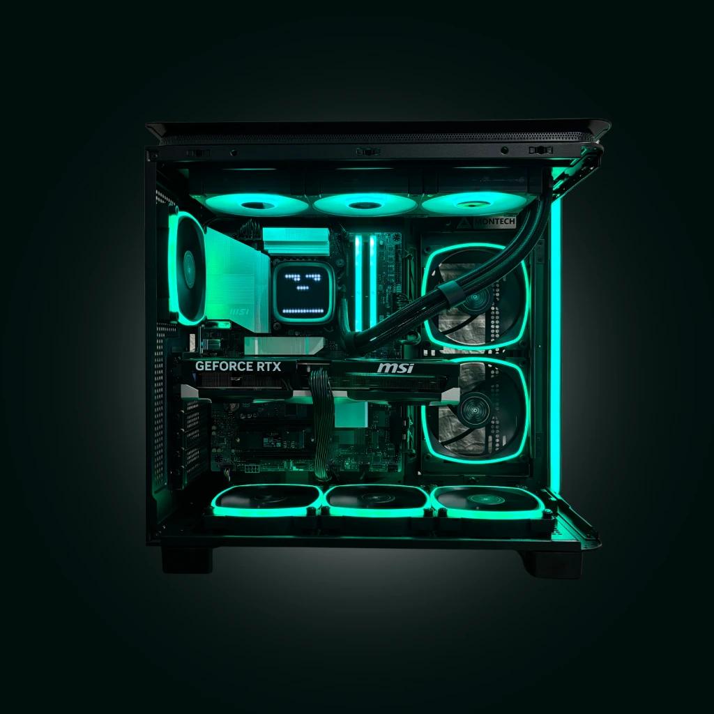 Close-up of a pre-built pc showcasing its internal components through a glass side panel