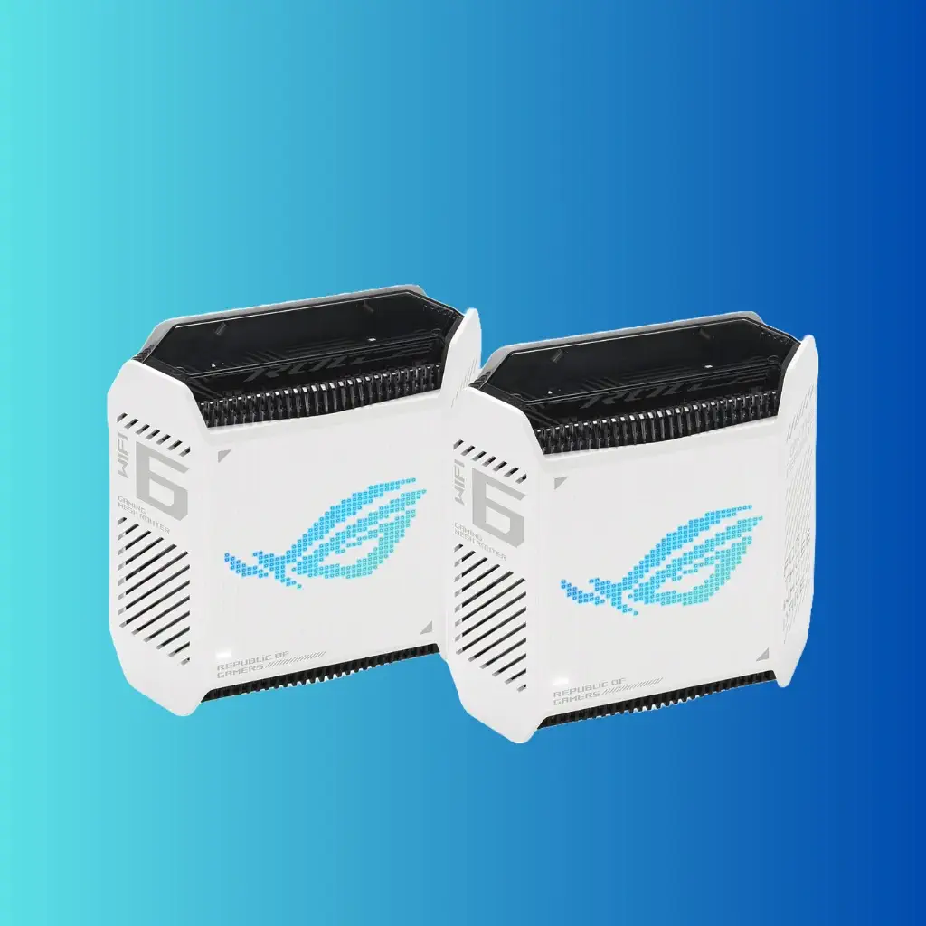 Two white, rectangular ASUS ROG Rapture GT6 units with blue accents and the ROG logo, set against a blue gradient background.