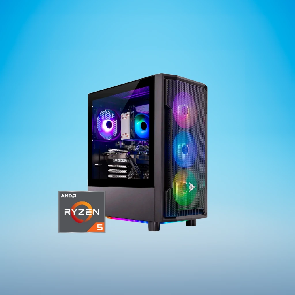 A vibrant pre-built gaming pc, the Skytech Nebula Gaming PC, set against a blue background.