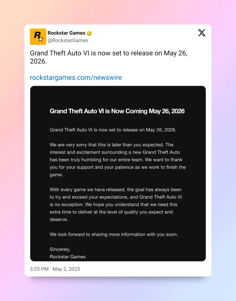 gta 6 release date delay announcement